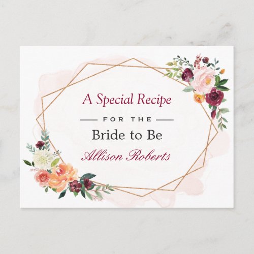 Beautiful Floral Gold Frame Bridal Shower Recipe Postcard