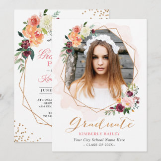Beautiful Floral Gold Frame Photo Graduation Party Invitation