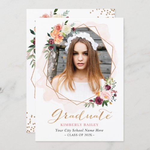 Beautiful Floral Gold Frame Photo Graduation Party Invitation