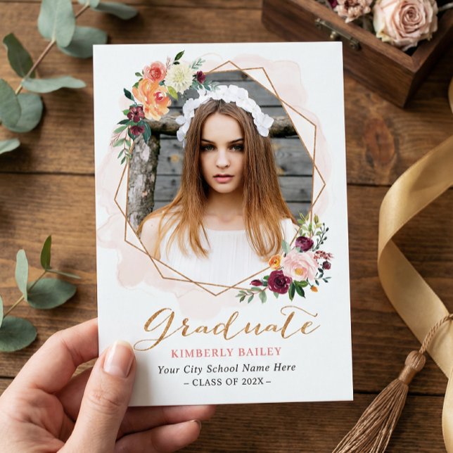 Beautiful Floral Gold Frame Photo Graduation Party Invitation (Creator Uploaded)
