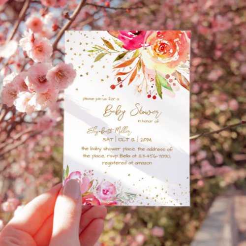 Beautiful Floral Gold Glitter Baby Girl Shower Invitation