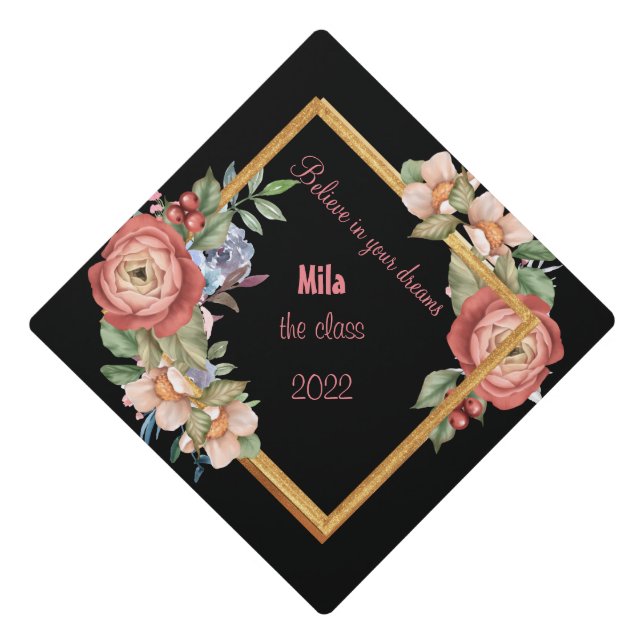 Beautiful floral,gold  graduation  graduation cap  (Front)