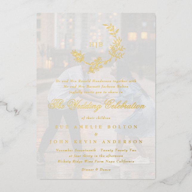 Beautiful Floral GOLD Monogram Photo Wedding Foil Invitation (Front)