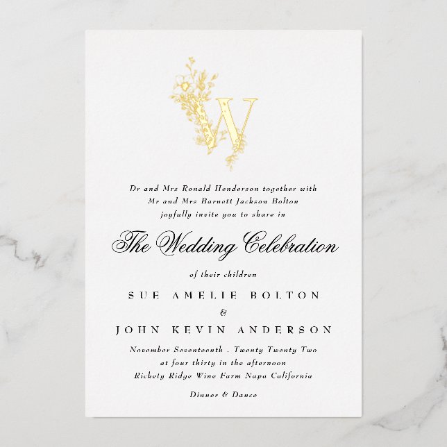 Beautiful Floral GOLD Monogram Sketched Foil Invitation (Front)