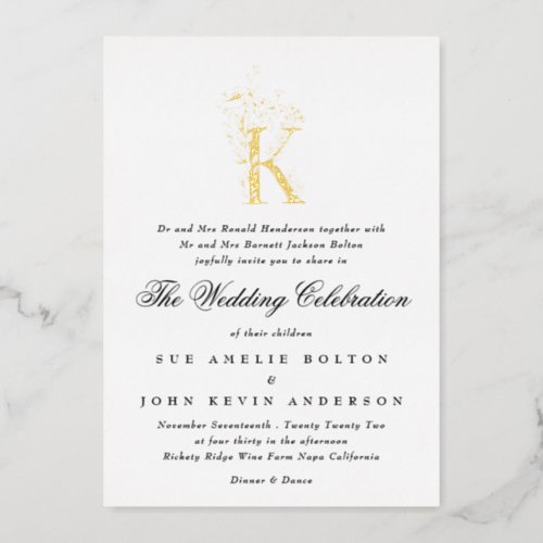 Beautiful Floral GOLD Monogram Sketched Wedding Fo Foil Invitation