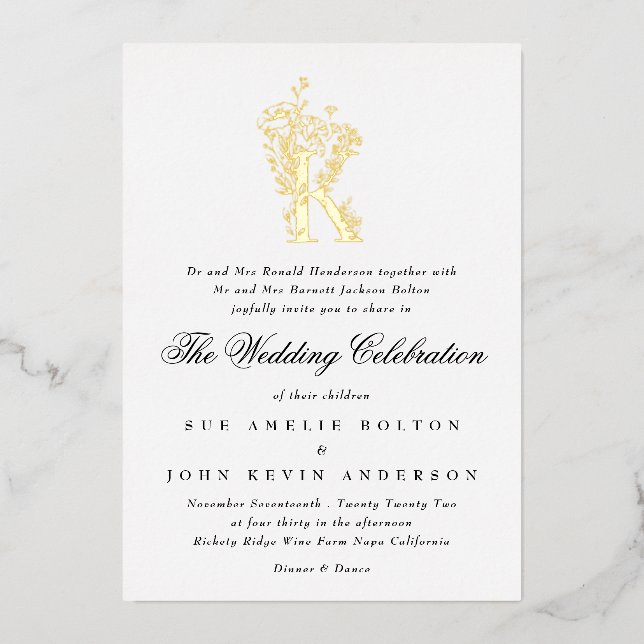 Beautiful Floral GOLD Monogram Sketched Wedding Fo Foil Invitation (Front)