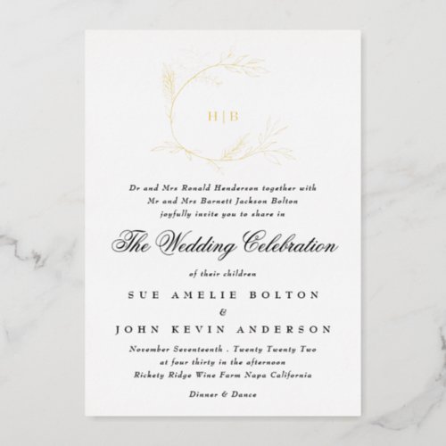 Beautiful Floral GOLD Monogram Sketched Wedding Foil Invitation