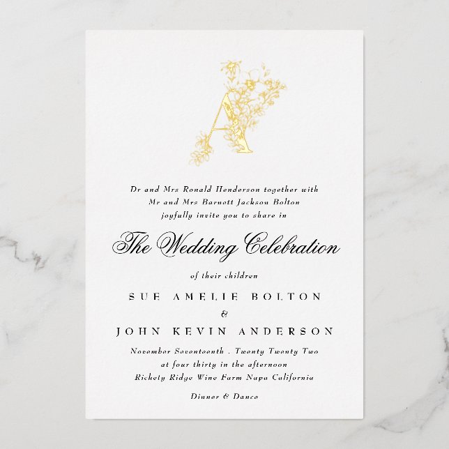 Beautiful Floral GOLD Monogram Sketched Wedding Foil Invitation (Front)