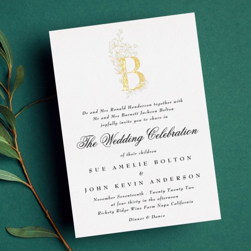 Beautiful Floral GOLD Monogram Sketched Wedding Foil Invitation