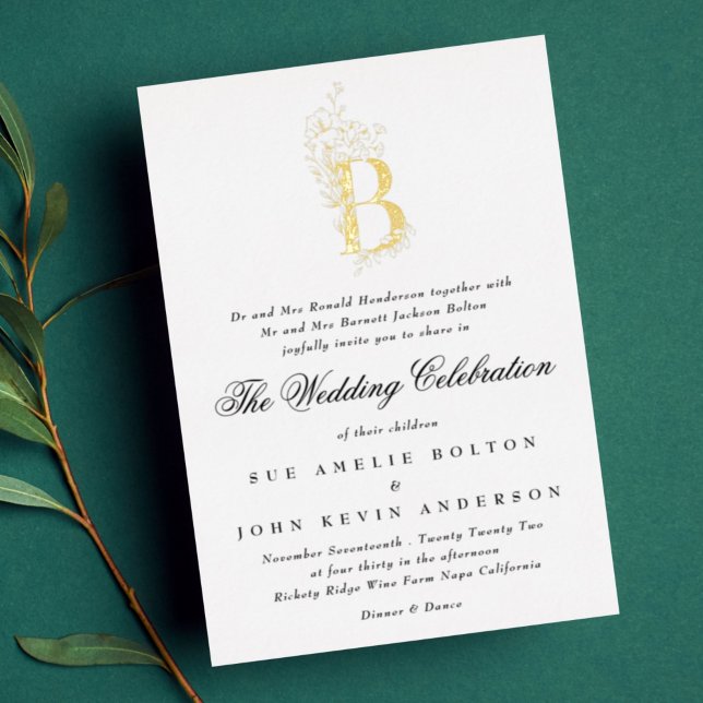 Beautiful Floral GOLD Monogram Sketched Wedding Foil Invitation (Creator Uploaded)