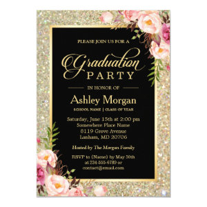 Beautiful Floral Gold Sparkles Graduation Party Card