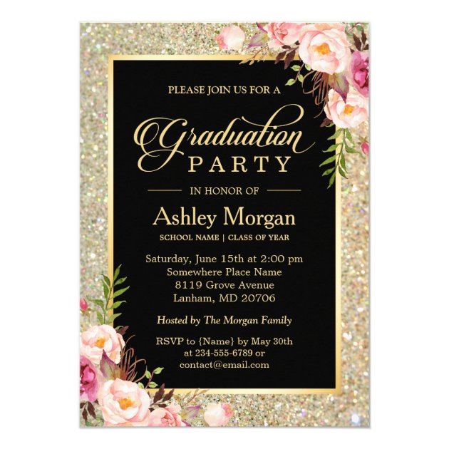Beautiful Floral Gold Sparkles Graduation Party Card (front side)