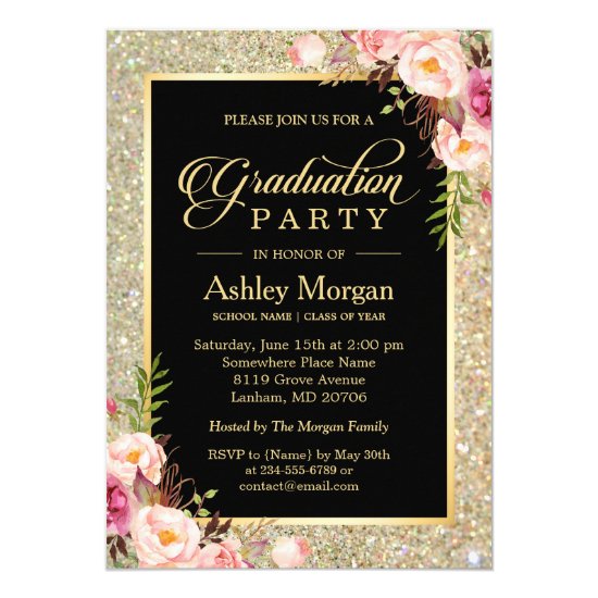 Beautiful Floral Gold Sparkles Graduation Party Invitation