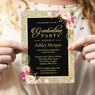 Beautiful Floral Gold Sparkles Graduation Party Invitation
