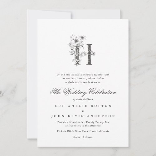 Beautiful Floral H Monogram Sketched Wedding Invitation