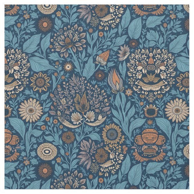 Beautiful Floral in Blue and Beige Fabric (Close Up)