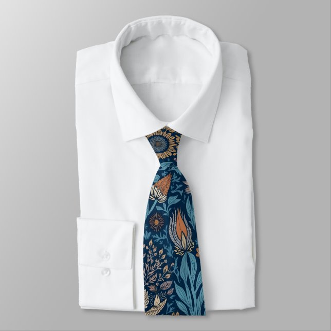 Beautiful Floral in Blue and Beige Neck Tie (Tied)