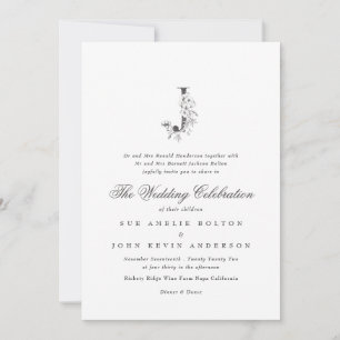 Beautiful Floral 'J' Monogram Sketched Wedding Invitation