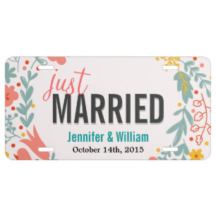Beautiful Floral Just Married Wedding Decoration License Plate