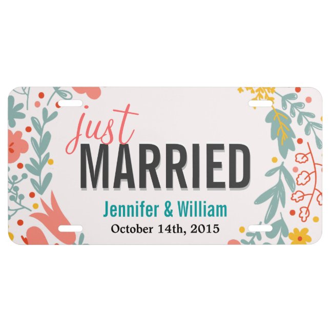 Beautiful Floral Just Married Wedding Decoration License Plate (Front)
