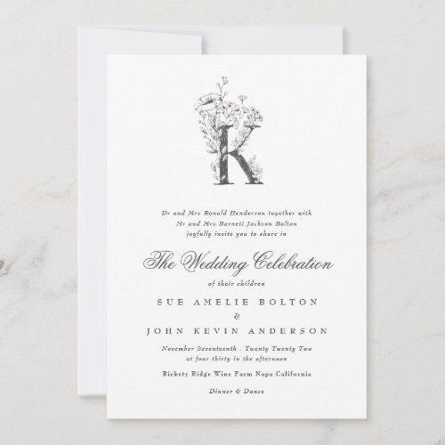 Beautiful Floral K Monogram Sketched Wedding Invitation