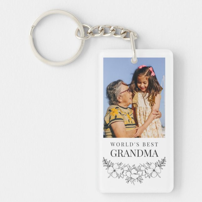 Beautiful Floral Line Art Best Grandma Photo Keychain (Front)