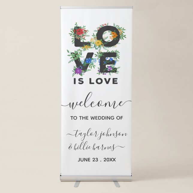 Beautiful Floral Love Is Love Gay Wedding Welcome Retractable Banner (Front)