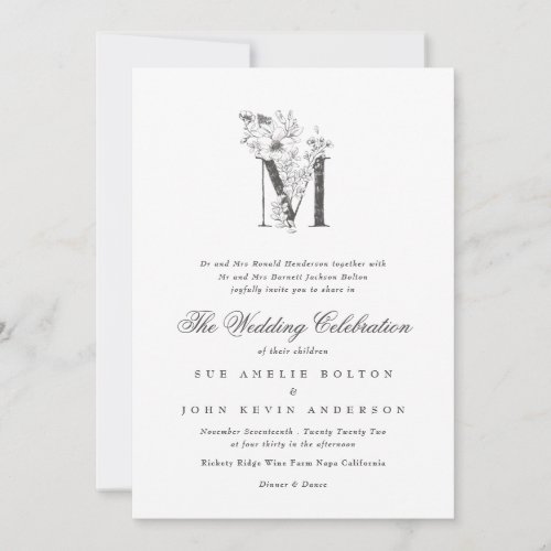 Beautiful Floral M Monogram Sketched Wedding Invitation