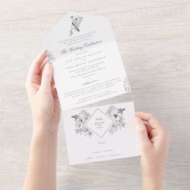 Beautiful Floral Monogram Classic Elegant Wedding All In One Invitation (Tearaway)