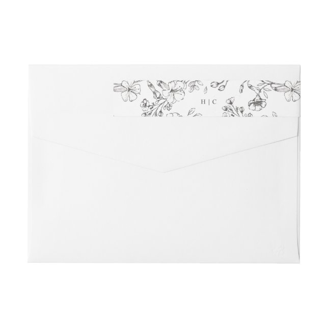 Beautiful Floral Monogram Sketched Wedding Address Wrap Around Label (Back)