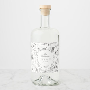 Beautiful Floral Monogram Sketched Wedding Liquor Bottle Label