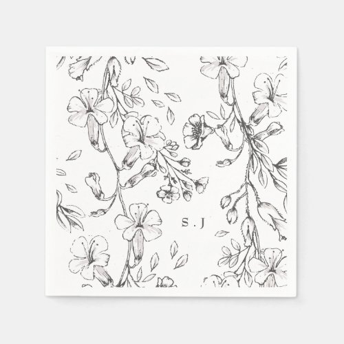 Beautiful Floral Monogram Sketched Wedding Napkins