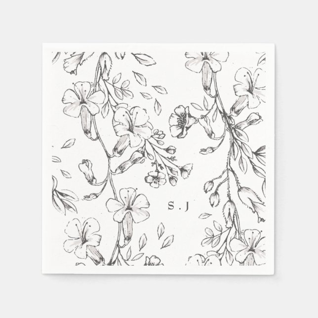 Beautiful Floral Monogram Sketched Wedding Napkins (Front)
