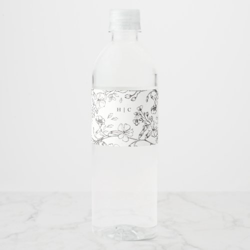 Beautiful Floral Monogram Sketched Wedding Water Bottle Label