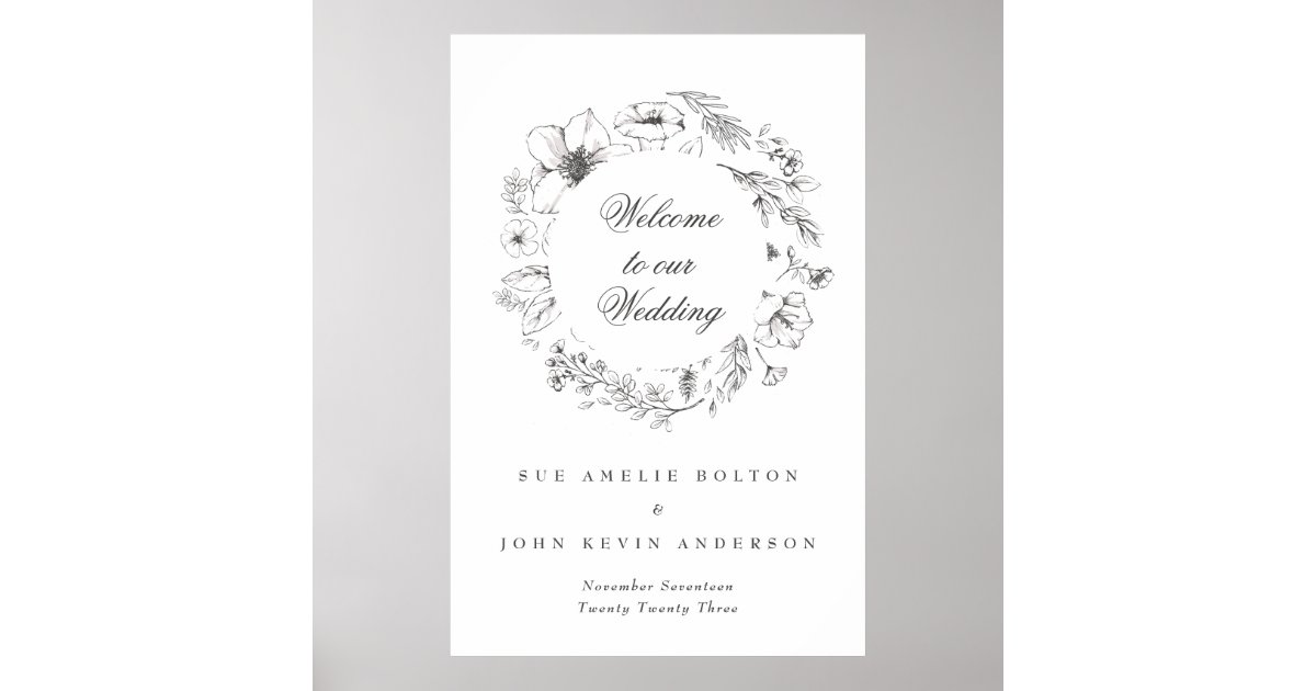 Beautiful Floral Monogram Sketched Wedding Welcome Poster | Zazzle