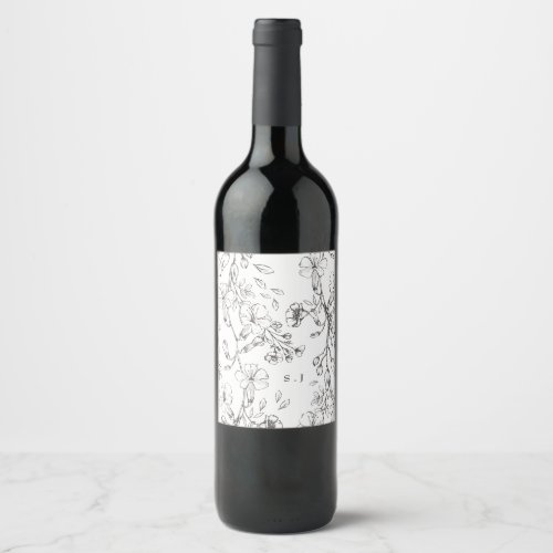 Beautiful Floral Monogram Sketched Wedding Wine Label