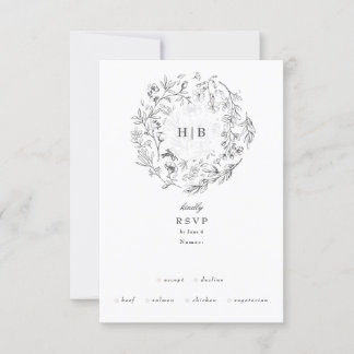 Beautiful Floral Monogram Sketched Wreath 4 option RSVP Card