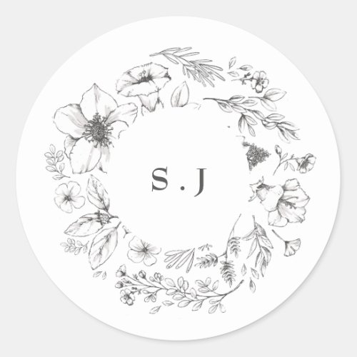 Beautiful Floral Monogram Sketched Wreath Wedding Classic Round Sticker