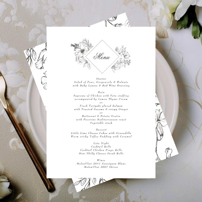 Beautiful Floral Monogram Sketched Wreath Wedding Menu (Creator Uploaded)