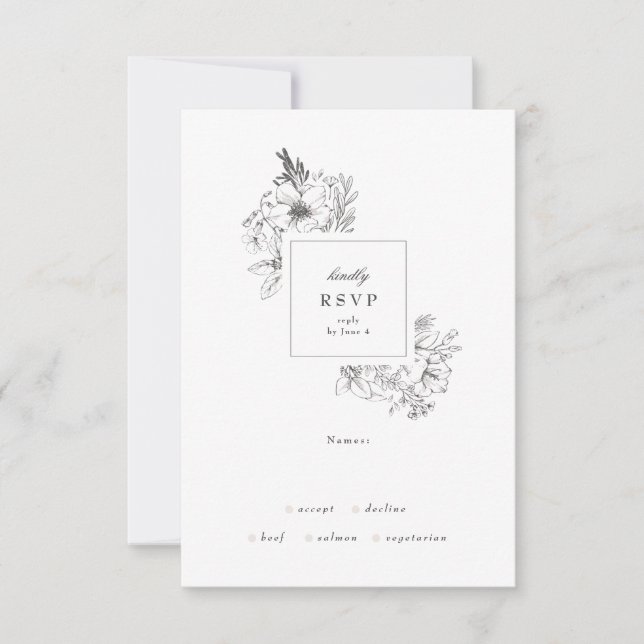Beautiful Floral Monogram Sketched Wreath Wedding RSVP Card (Front)