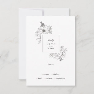Beautiful Floral Monogram Sketched Wreath Wedding RSVP Card