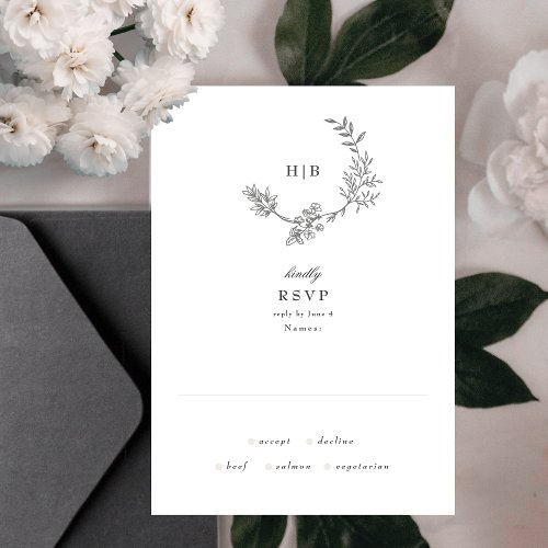 Beautiful Floral Monogram Sketched Wreath Wedding RSVP Card