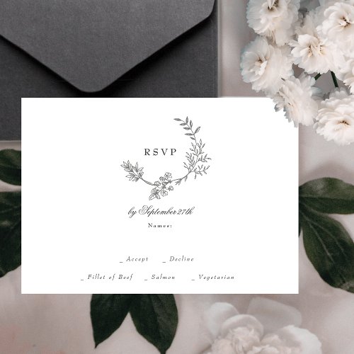 Beautiful Floral Monogram Sketched Wreath Wedding RSVP Card