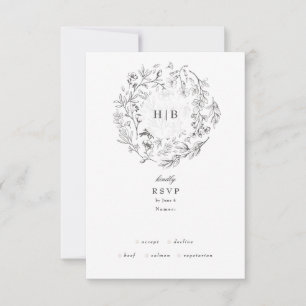 Beautiful Floral Monogram Sketched Wreath Wedding RSVP Card