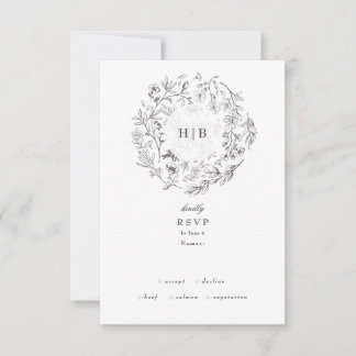Beautiful Floral Monogram Sketched Wreath Wedding RSVP Card