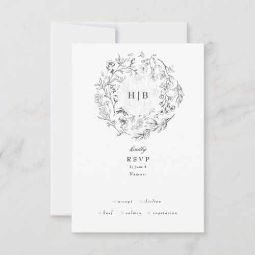 Beautiful Floral Monogram Sketched Wreath Wedding RSVP Card