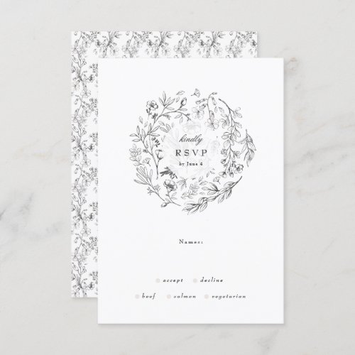 Beautiful Floral Monogram Sketched Wreath Wedding RSVP Card