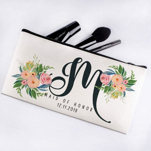 Beautiful Floral Monogrammed Canvas Cosmetic Bag (Front)