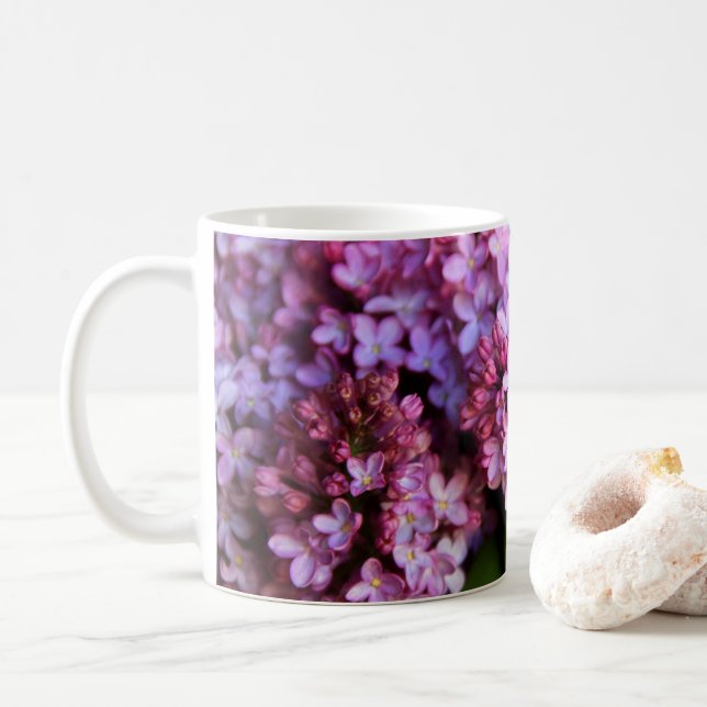 Beautiful floral mug 11 oz with lilac artwork (With Donut)