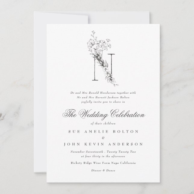 Beautiful Floral 'N' Monogram Sketched Wedding Invitation (Front)